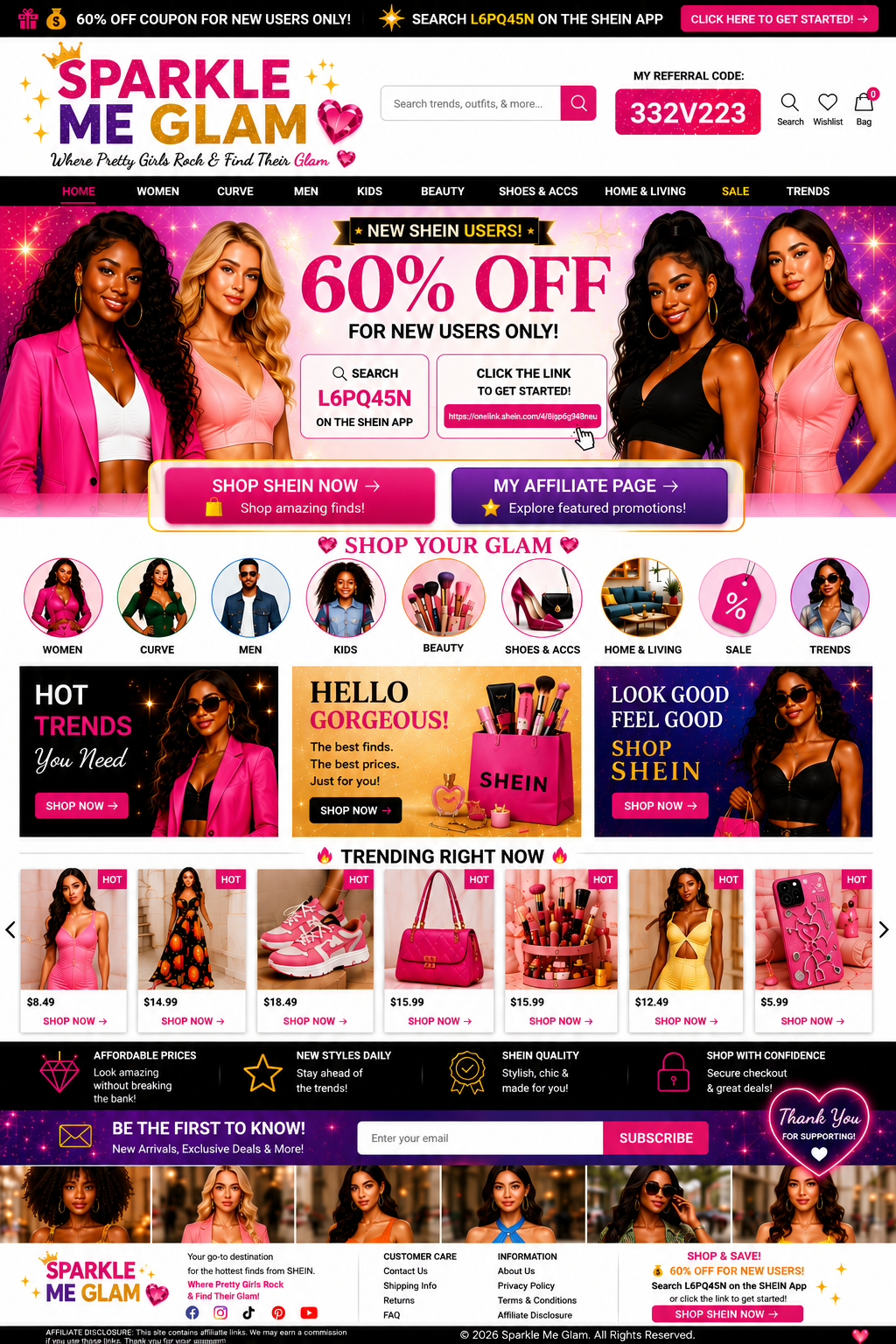 Sparkle Me Glam homepage design featuring diverse fashion models and a SHEIN new-user promotion